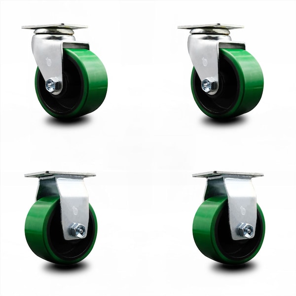 4 Inch Green Poly on Cast Iron Caster Set with Ball Bearings 2 Swivel 2 Rigid